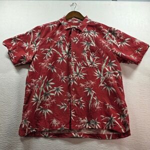 Batik Bay Button Down Shirt Men Large Red Silk Bamboo Leaf Short Sleeve Hawaiian